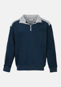 Felpa in pile blu navy con colletto grigio chiaro, zip a un quarto e strisce grigie chiare su spalle e maniche.
