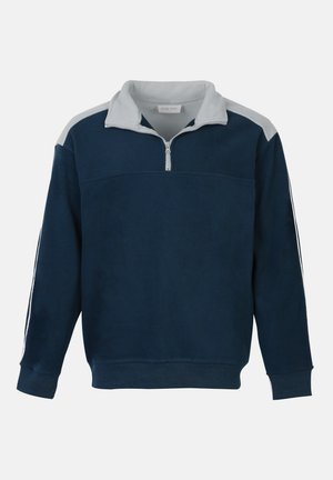 Felpa in pile blu navy con colletto grigio chiaro, zip a un quarto e strisce grigie chiare su spalle e maniche.