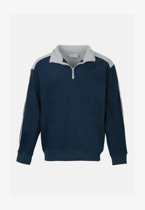 Sötétkék polár pulóver világosszürke gallérral, negyedcipzárral és világosszürke csíkkal a vállakon és az ujjakon.