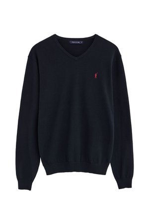 Maglione nero con scollo a V e maniche lunghe, polsini e orlo a coste, con un piccolo logo rosso di un giocatore di polo sul lato sinistro del petto.