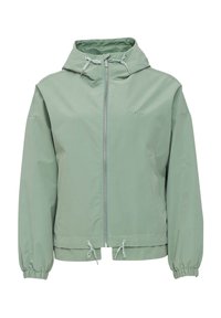 Ljusgrön, vattentålig jacka med huva, framdragkedja, elastiska ärmslut och dragsko i nederkant. Har "MAZINE"-logotyp på bröstet.
