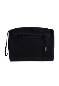 Schwarze isolierte Tasche mit rechteckiger Form, Reißverschluss und seitlichem Griff, aus strapazierfähigem Stoff mit glatter Textur gefertigt.