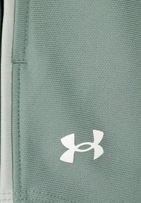 Žalieji sportiniai šortai, pagaminti iš tekstūruoto audinio, su baltu Under Armour logotipu kairėje pusėje. Matomos siūlės palei kraštus.