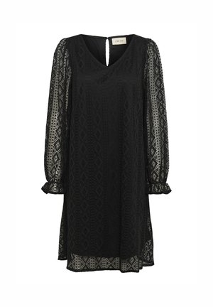 Robe noire en dentelle avec un décolleté en V, des manches longues bouffantes et des accents à motifs. Présente une coupe légèrement évasée et des poignets froncés.