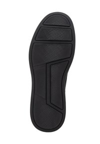 Black rubber sneaker sole with a textured surface. Features a segmented design with diamond patterns for grip and traction.