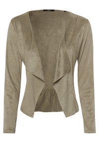 Oliven grøn cardigan i blød stof med lange ærmer, åben front og samlet talje. Glat tekstur og minimale designdetaljer.