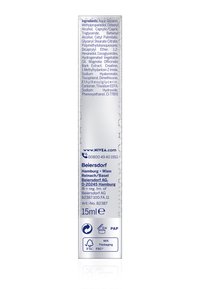 Clear, rectangular tube containing 15ml of product. Textured surface with white and blue labeling. Contains ingredient list and recycling symbols.