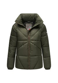 Dunkelgrüne Pufferjacke mit gestepptem Rautenmuster, hohem Kragen, Reißverschluss und zwei Seitentaschen. Das gefütterte Innere verfügt über einen grafischen Druck.