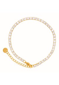 Bracelet doré avec des cristaux transparents ronds, design en maillons, chaîne ajustable avec un fermoir mousqueton pour une fermeture sécurisée.