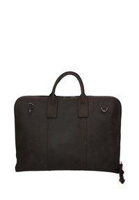 Bruine leren aktetas met dubbele handgrepen, ritssluiting en metalen hardwareaccenten. Beschikt over een gladde textuur en rechthoekige vorm.