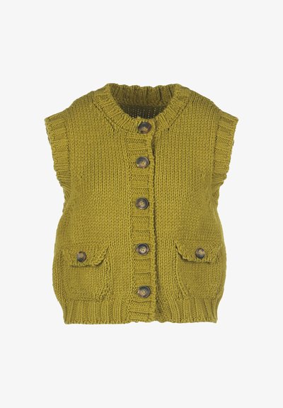 Austa bez piedurknēm veste olīvzaļā krāsā, ar apaļu dekoltē, pieciem brūniem pogām un divām priekšējām kabatām ar dekoratīvo šuvumu.