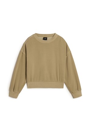 Sudadera de punto color caqui con cuello redondo, costuras de hombro caídas, puños acanalados y un diseño corto. Material suave de mezcla de algodón.