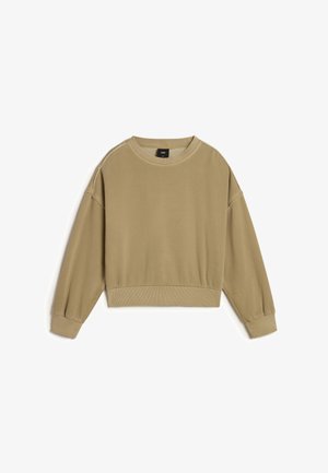 Khaki pullover sweatshirt met een ronde hals, verlaagde schoudernaden, geribbelde manchetten en een cropped ontwerp. Gladde katoenmix.
