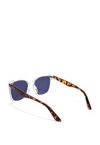 Transparent sunglasses with blue lenses and tortoiseshell-patterned arms. The brand name "VUCH" is printed on one arm.