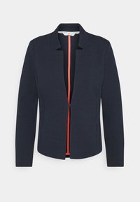 Námořnická modrá dámská blazer s dlouhými rukávy, otevřeným předním dílem, strukturovaným límcem a jemně texturovanou tkaninou.