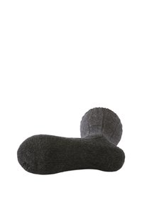 Mørkegrå strikkede sokker med en tekstureret overflade og rund tå. Designet har en ribbet kant og en syningsfri afslutning.