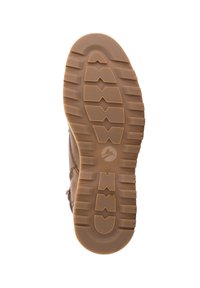 Bruine buitenzool met een robuust profiel, gekenmerkt door diepe groeven en rechthoekige noppen voor grip. Geëmbosseerd logo nabij de hiel. Maat 42.