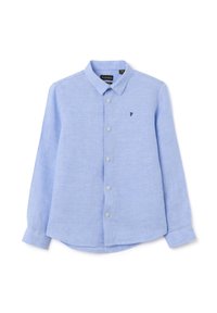 Helles, blaues Leinenhemd mit Button-down-Kragen, langen Ärmeln und einem einzelnen, dunkelblau gestickten Logo auf der Brust.