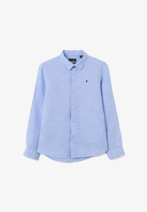 Camisa de lino azul claro con cuello abotonado, mangas largas y un solo logo bordado en azul oscuro en el pecho.