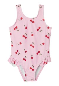 Maillot de bain rose avec un motif de cerises rouges, doté d'un ourlet à volants, d'un décolleté arrondi et de larges bretelles en tissu extensible et durable.