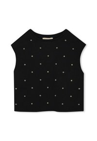 Zwart katoenen crop top met korte mouwen, versierd met gouden oogjes die in een stippenpatroon over de voorkant zijn gerangschikt.