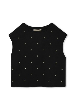 Zwart katoenen crop top met korte mouwen, versierd met gouden oogjes die in een stippenpatroon over de voorkant zijn gerangschikt.