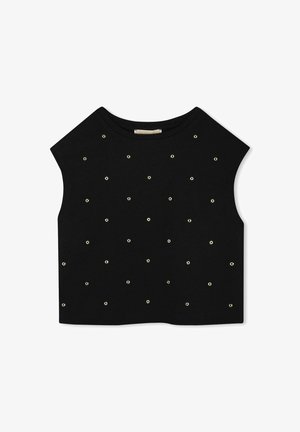 Zwart katoenen crop top met korte mouwen, versierd met gouden oogjes die in een stippenpatroon over de voorkant zijn gerangschikt.