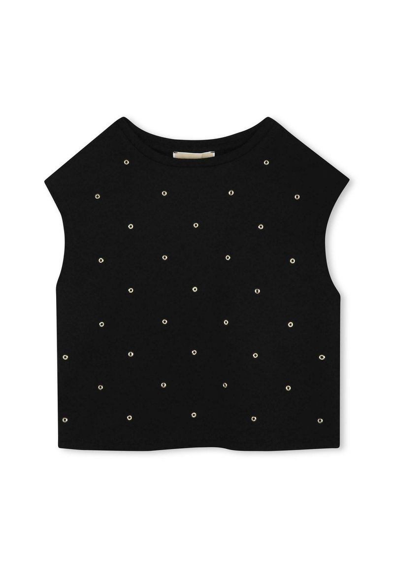 Zwart katoenen crop top met korte mouwen, versierd met gouden oogjes die in een stippenpatroon over de voorkant zijn gerangschikt.