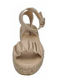 Beige espadrille sandal featuring a ruched leather upper, an open toe, ankle strap with buckle, and jute-wrapped platform sole.