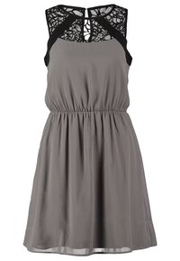 Graues ärmelloses Kleid mit schwarzem Spitzenoberteil, elastischem Taillenbund und A-Linie Rock. Hat eine Schlüsselöffnung auf der Rückseite.