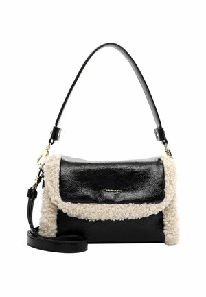 Sac à main en simili cuir noir avec des accents en polaire crème texturée, une seule anse supérieure et une sangle détachable. Dispose d'une fermeture �à rabat.