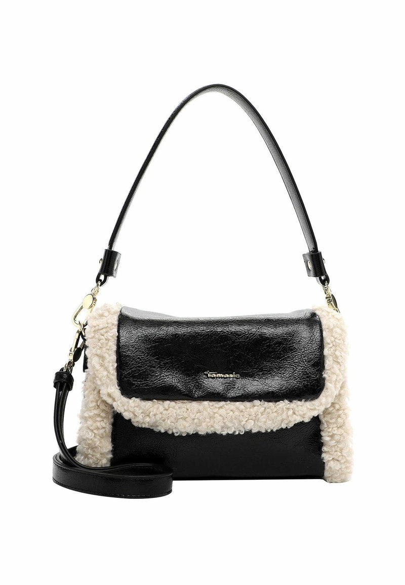 Borsa a tracolla nera in similpelle con dettagli in pile testurizzato color crema, manico superiore singolo e tracolla removibile. Presenta una chiusura a patta.