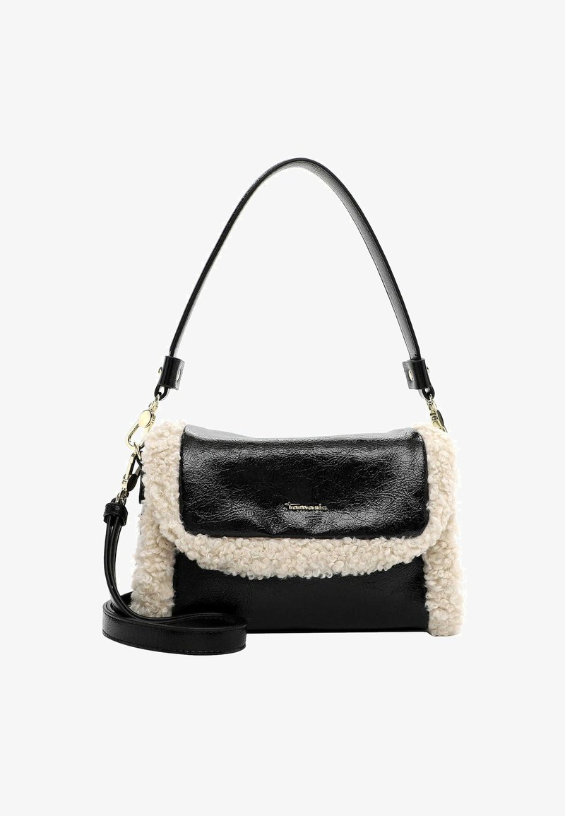 Melnas mākslīgās ādas rokassomiņa ar krēmkrāsas teksturētu vilnas akcentiem, viena augšējā roktura un noņemama siksna. Funkcija: salokāma vāka aizdare.