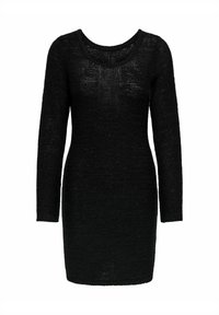 Robe tricotée noire à manches longues, avec un col en scoop et une silhouette ajustée. La texture est lâche et légèrement transparente.