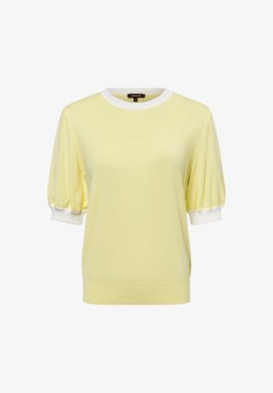 Kurzärmliger gelber Strickpullover mit einem weißen gerippten Kragen und Bündchen. Hat eine lockere Passform und ein strukturiertes Gewebe.