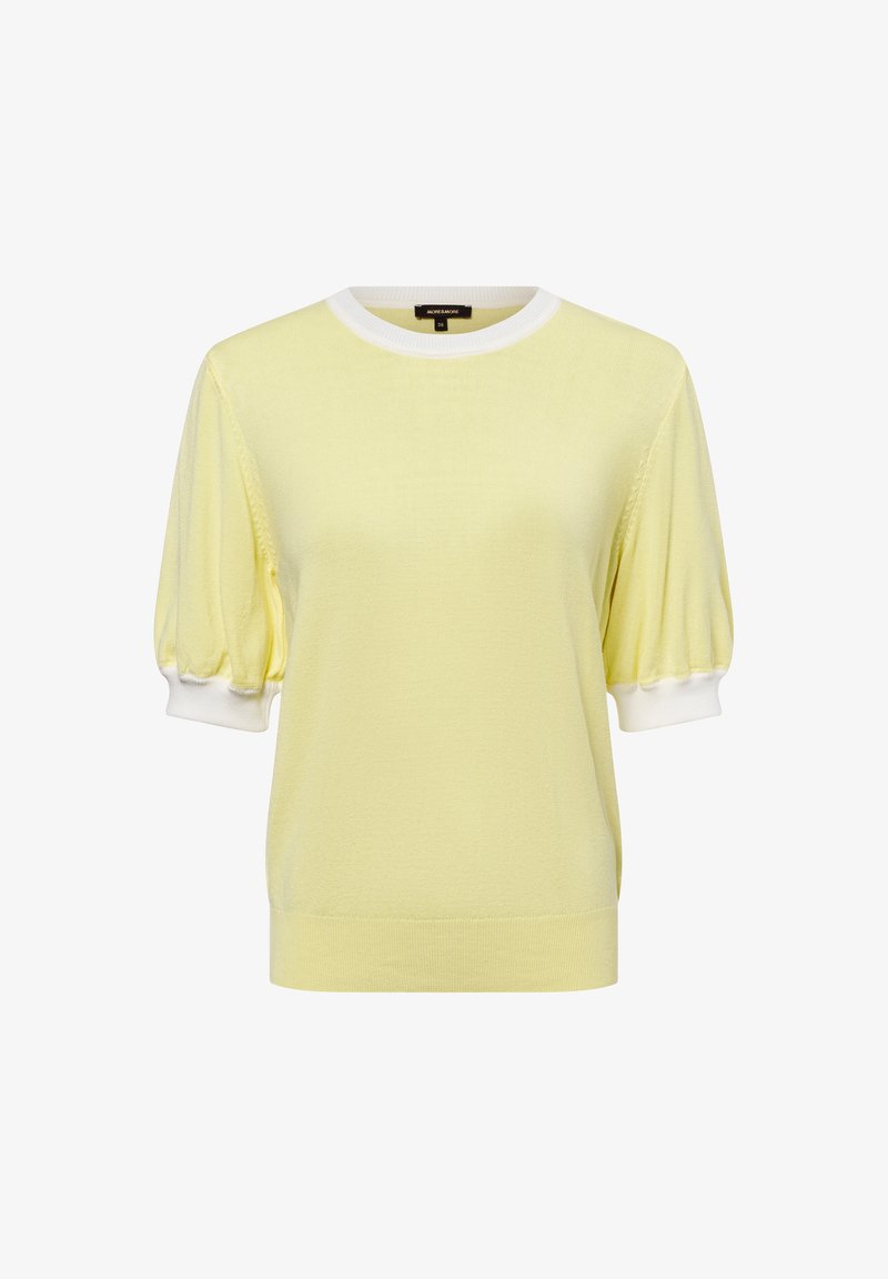 Short-sleeve yellow knit sweater with a white ribbed collar and cuffs. Features a relaxed fit and textured fabric.