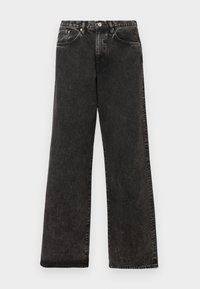 Črne široke jeans hlače iz denima z zbledelim teksturo, petimi žepi, sprednjim gumbom za zapiranje in srebrnimi okrasnimi elementi.