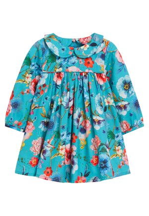 Turkis langærmet babykjole med blomstermønster i rød, hvid, pink og blå samt en rund krave.