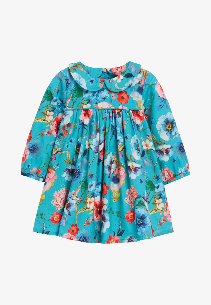 Robe de bébé turquoise à manches longues avec un motif floral en rouge, blanc, rose et bleu et un col rond.