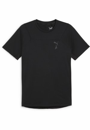 T-shirt noir à manches courtes Puma avec col rond et petit logo Puma en haut à gauche de la poitrine.