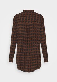 Button-up shirt with long sleeves, featuring a brown and black geometric pattern, made of lightweight fabric with a soft texture.