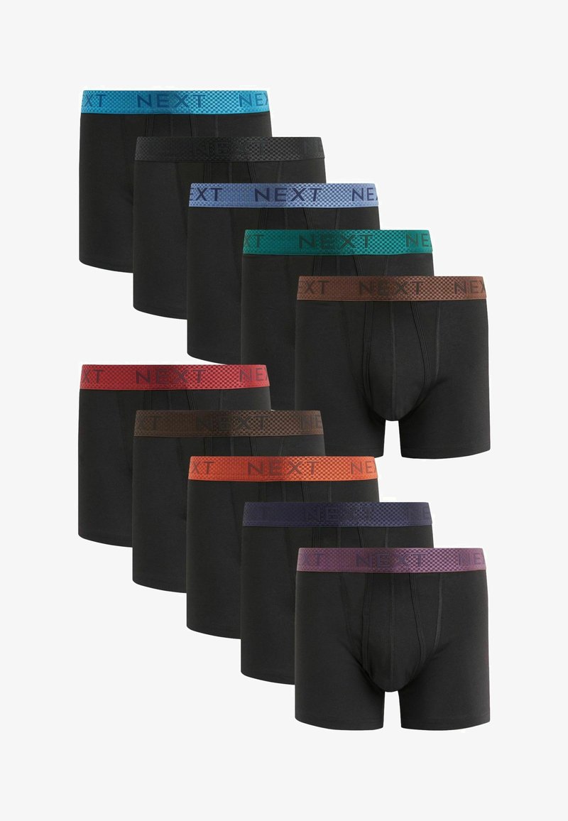 Fekete boxer alsónadrágok, elasztikus derékkal, különböző színekben (kék, zöld, piros, barna, narancs, lila), a "NEXT" márkanevével nyomtatva.