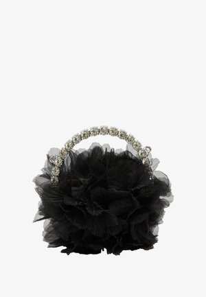 Borsa a forma di fiore nera realizzata in tulle stratificato. Presenta un manico decorato con perline trasparenti e un design voluminoso e testurizzato.