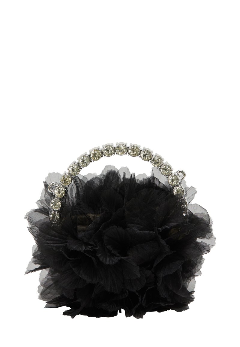 Juodas gėlių formos rankinukas, pagamintas iš sluoksniuoto tiulio. Yra skaidrus, karoliukais puošti rankena ir tekstūruotas, tūriškas dizainas.