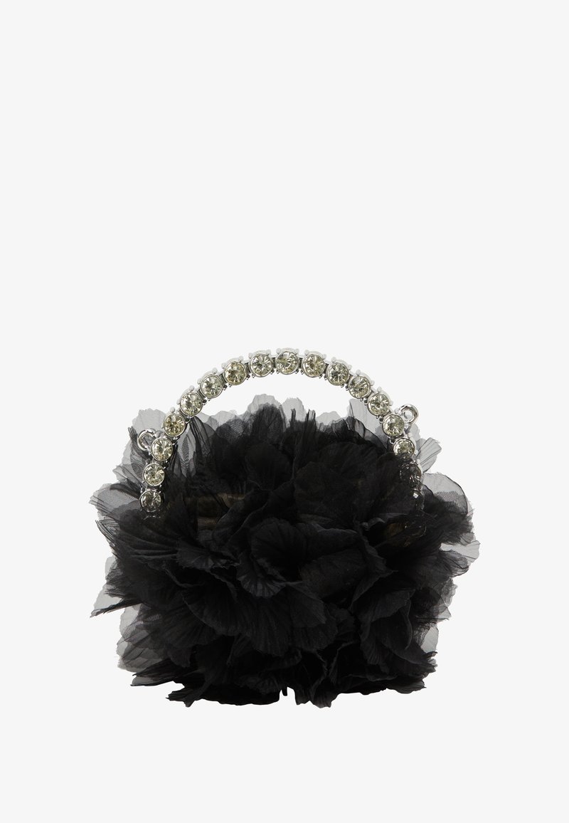 Juodas gėlių formos rankinukas, pagamintas iš sluoksniuoto tiulio. Yra skaidrus, karoliukais puošti rankena ir tekstūruotas, tūriškas dizainas.