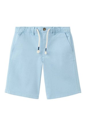 Svetlomodré bavlnené šortky s elastickým pásom, zapínaním na gombík, šnúrkou a bočnými vreckami.