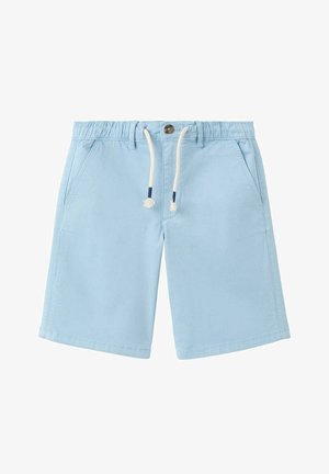 Lichtblauwe katoenen shorts met elastische tailleband, knoopsluiting, trekkoord en zijzakken.