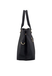 Mustalaisen käsilaukku, jossa on rakenteellinen muoto, kaksinkertaiset kahvat, kultaiset yksityiskohdat ja vetoketjusuljenta ylhäällä. Teksturoitu pinta.