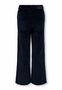 Tamno plave korduroy hlače širokih nogavica, s dva stražnja džepa i crnim kožnim etiketom brenda na struku.