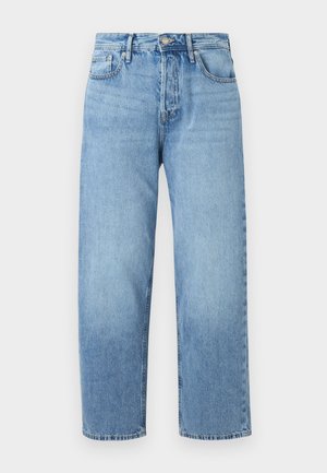 Hellblaue Jeans aus Denim mit geradem Schnitt, hoher Taille, fünf Taschen und dezentem Verblassen. Mit Knopfverschluss und Gürtelschlaufen.
